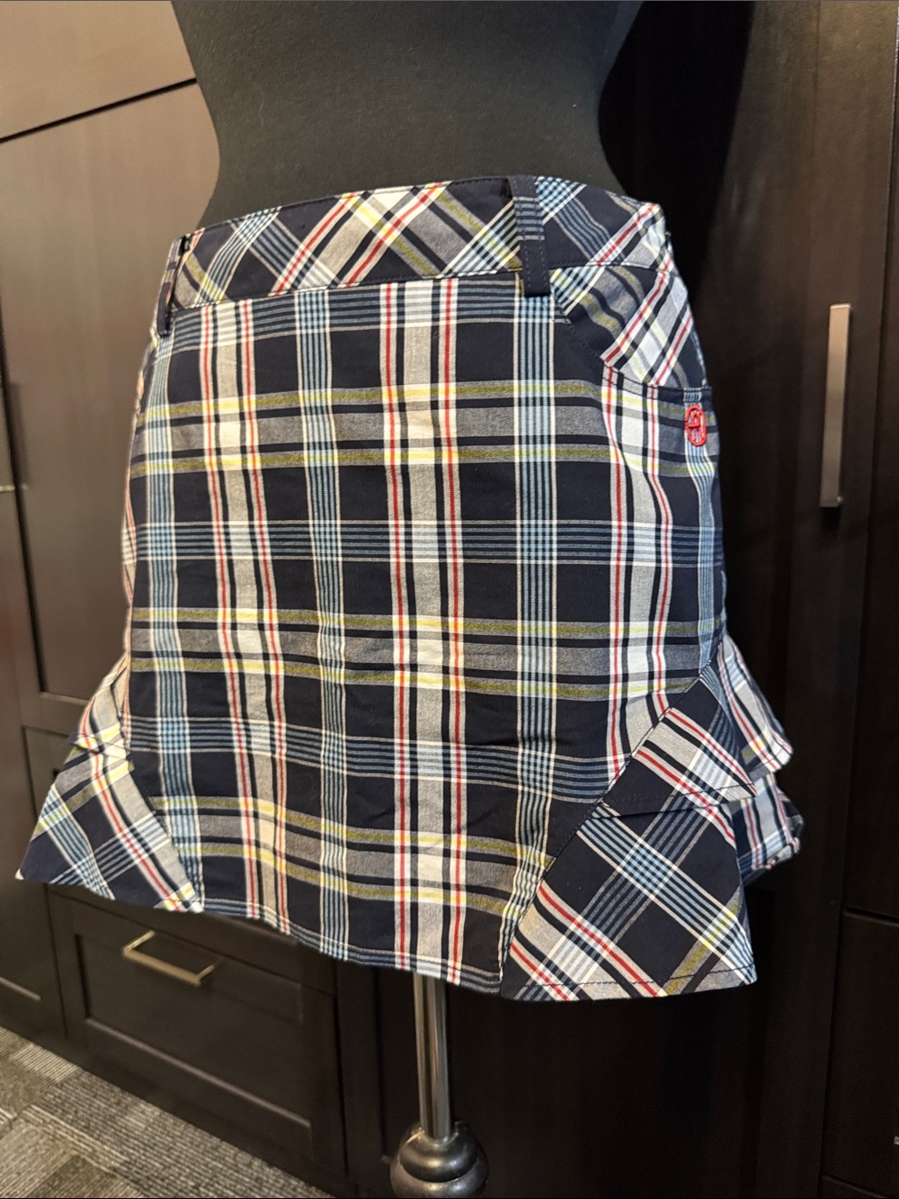 Women's Navy Plaid Mini Skirt with Ruffle Hem